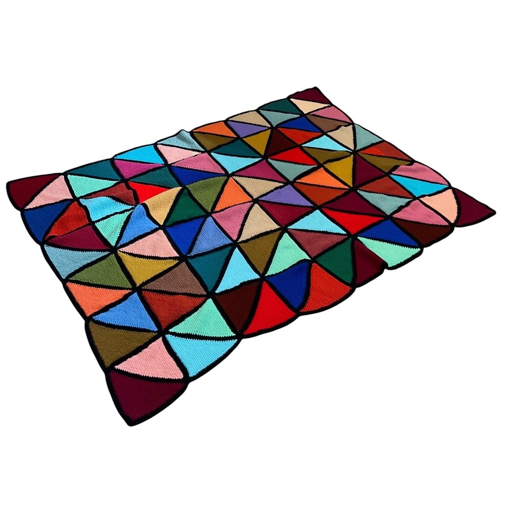 Vintage Handmade Crochet Blanket Geometric Triangle Rainbow Maximalist Throw